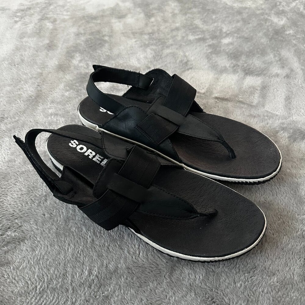 Sorel Out N About Black Leather Slingback Thong Sandals Black Women's 10 Shoes